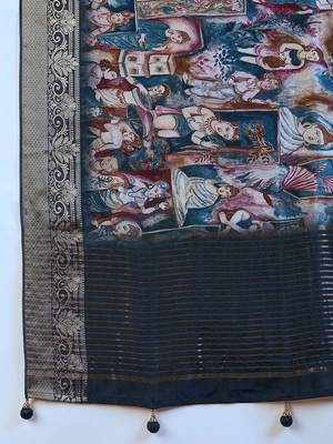navy blue kalamkari zari pochampally viscose rayon saree 5