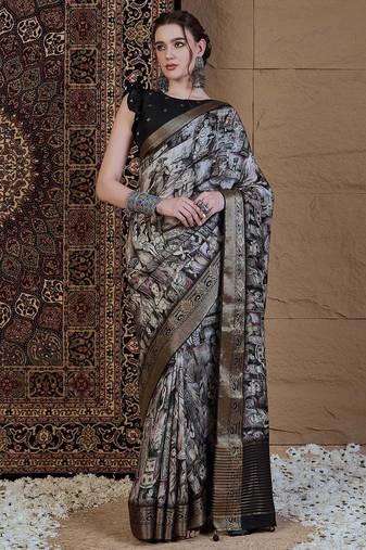 black kalamkari zari pochampally viscose rayon saree