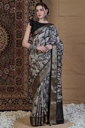 black kalamkari zari pochampally viscose rayon saree