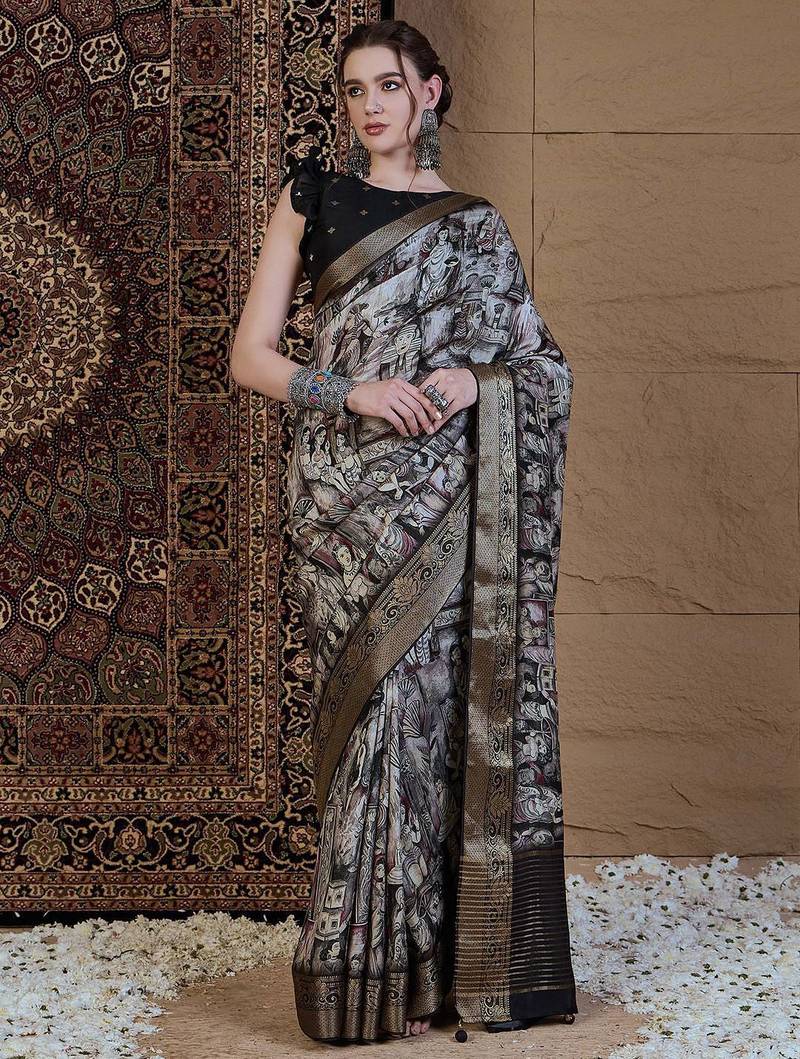 black kalamkari zari pochampally viscose rayon saree