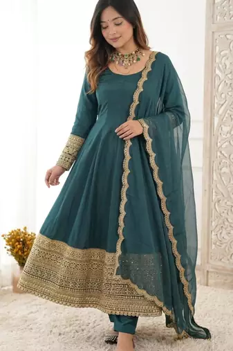 Dark-teal crepe embroidered flared gown set