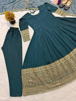 Dark-teal crepe embroidered flared gown set 3