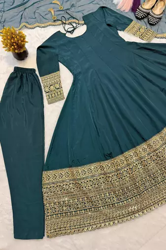Dark-teal crepe embroidered flared gown set
