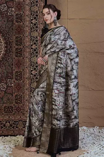 black kalamkari zari pochampally viscose rayon saree