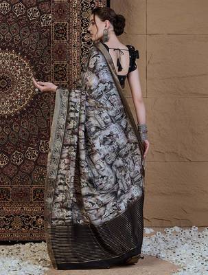 black kalamkari zari pochampally viscose rayon saree 3