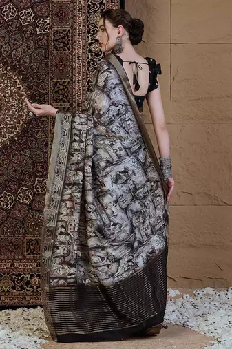 black kalamkari zari pochampally viscose rayon saree