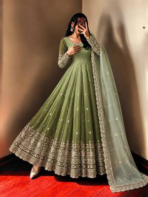 Green georgette embroidered flared gown set 1