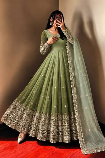 Green georgette embroidered flared gown set