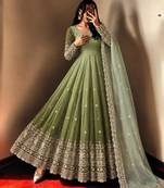 Green georgette embroidered flared gown set