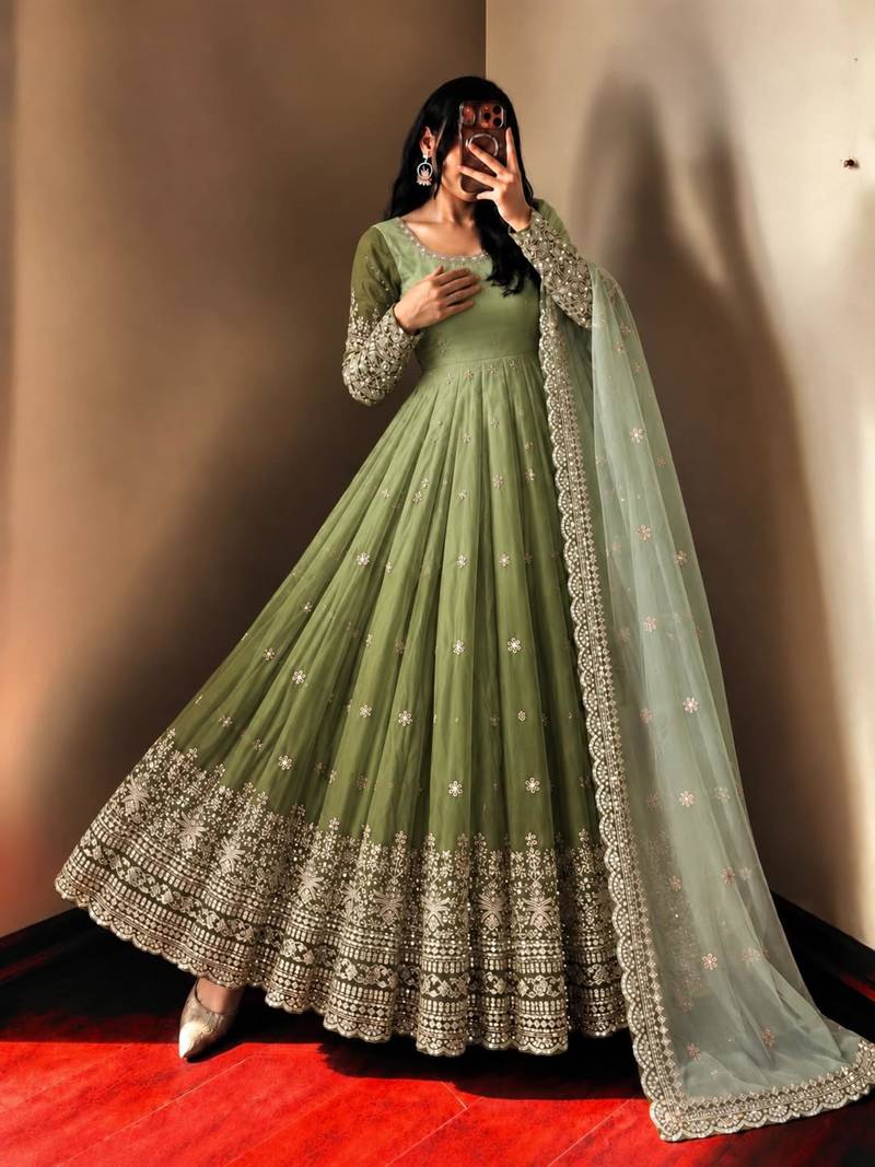 Green georgette embroidered flared gown set