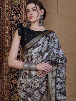 black kalamkari zari pochampally viscose rayon saree 4