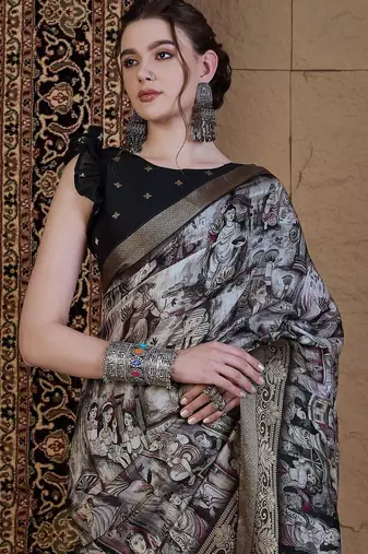 black kalamkari zari pochampally viscose rayon saree