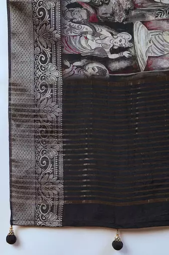 black kalamkari zari pochampally viscose rayon saree