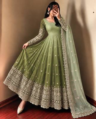 Green georgette embroidered flared gown set 2