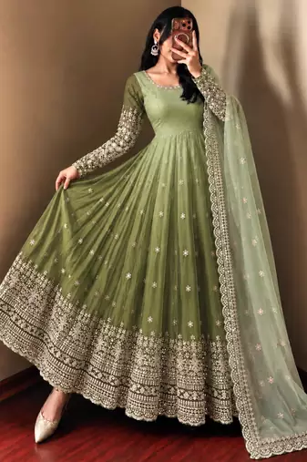 Green georgette embroidered flared gown set