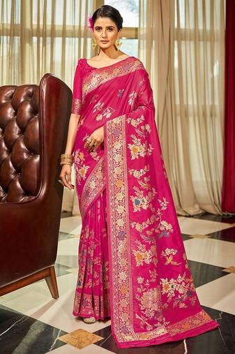 Pink ethnic motifs zari silk blend banarasi saree