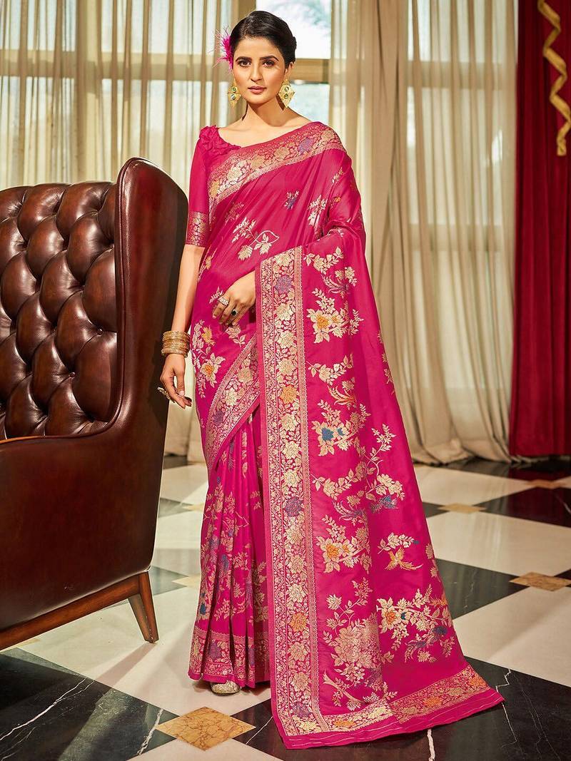 Pink ethnic motifs zari silk blend banarasi saree