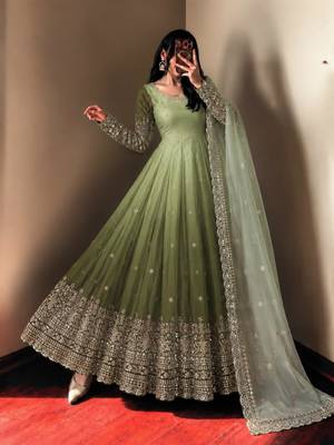 Green georgette embroidered flared gown set 3
