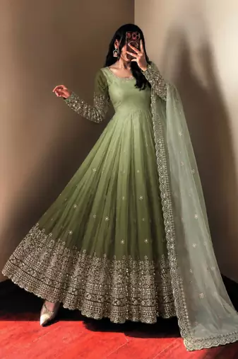 Green georgette embroidered flared gown set