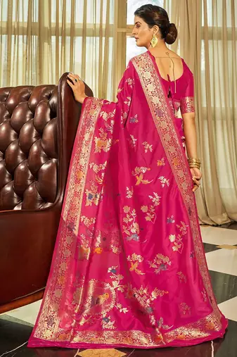 Pink ethnic motifs zari silk blend banarasi saree