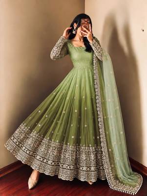 Green georgette embroidered flared gown set 4