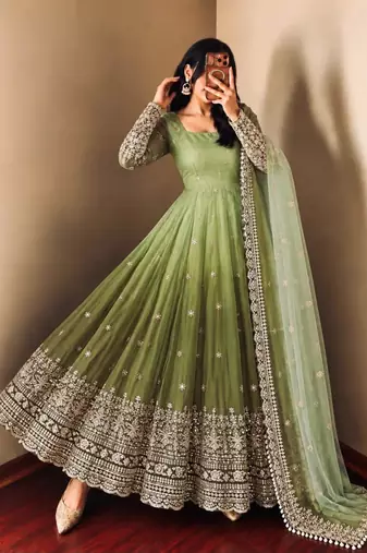 Green georgette embroidered flared gown set