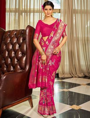 Pink ethnic motifs zari silk blend banarasi saree 3
