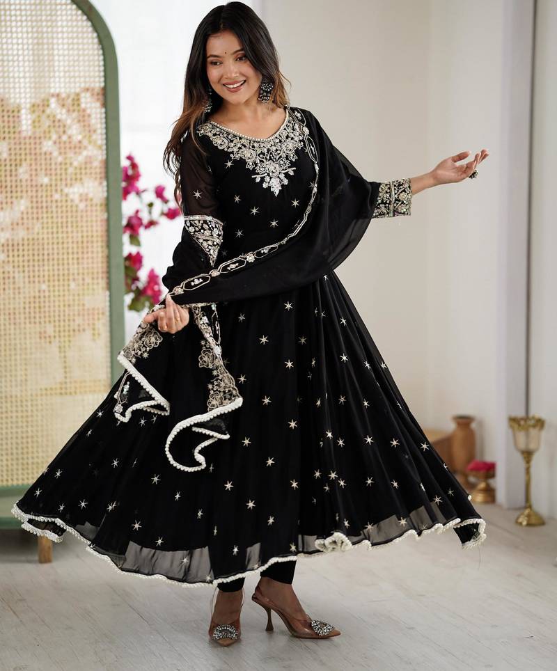 Black faux georgette embroidered anarkali set