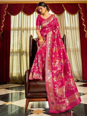 Pink ethnic motifs zari silk blend banarasi saree 4