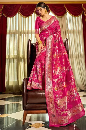 Pink ethnic motifs zari silk blend banarasi saree