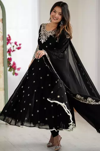 Black faux georgette embroidered anarkali set