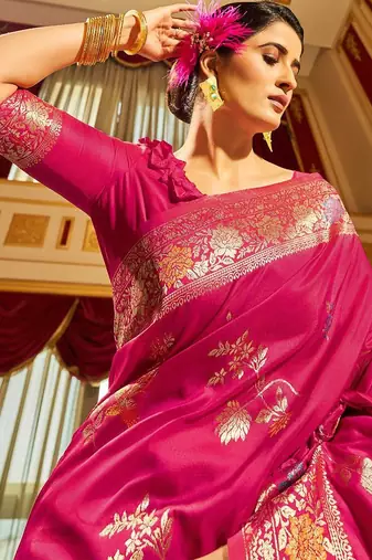 Pink ethnic motifs zari silk blend banarasi saree