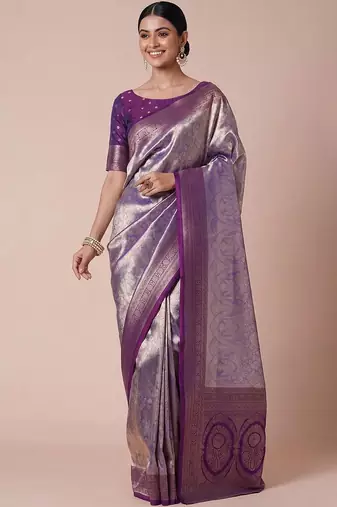 purple paisley woven design zari kanjeevaram silk blend saree