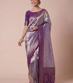 purple paisley woven design zari kanjeevaram silk blend saree