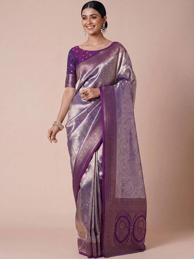 purple paisley woven design zari kanjeevaram silk blend saree
