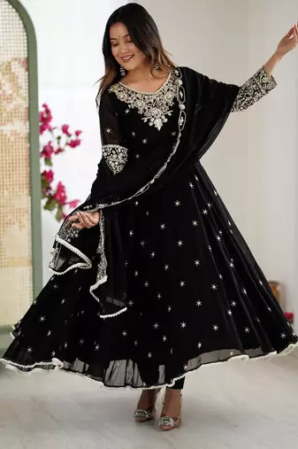Black faux georgette embroidered anarkali set