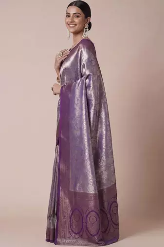 purple paisley woven design zari kanjeevaram silk blend saree