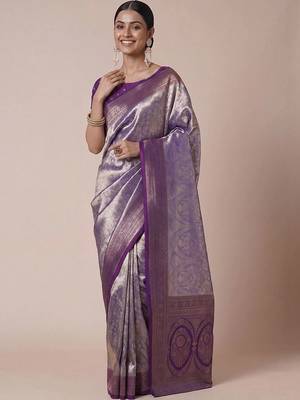 purple paisley woven design zari kanjeevaram silk blend saree 4