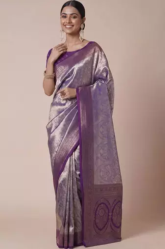 purple paisley woven design zari kanjeevaram silk blend saree