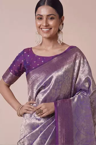 purple paisley woven design zari kanjeevaram silk blend saree