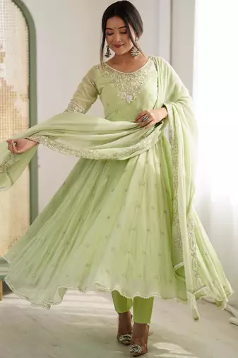 Light-green faux georgette embroidered anarkali set
