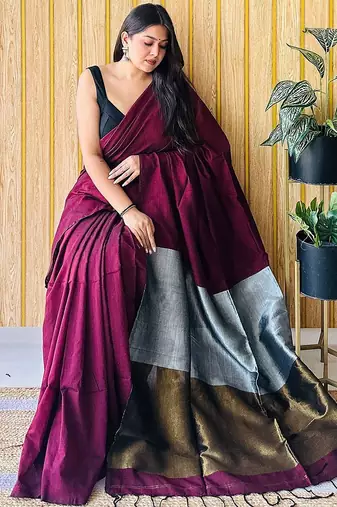 burgundy cotton blend saree with blouse piece