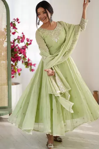 Light-green faux georgette embroidered anarkali set