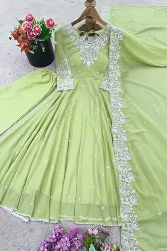 Light-green faux georgette embroidered anarkali set