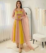 Yellow silk blend embroidered flared gown set