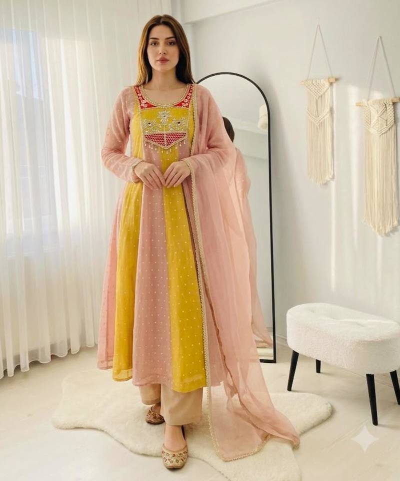 Yellow silk blend embroidered flared gown set