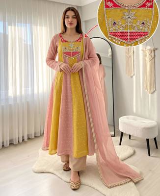Yellow silk blend embroidered flared gown set 2