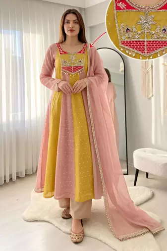 Yellow silk blend embroidered flared gown set