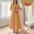 Yellow silk blend embroidered flared gown set