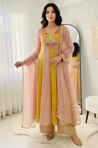 Yellow silk blend embroidered flared gown set